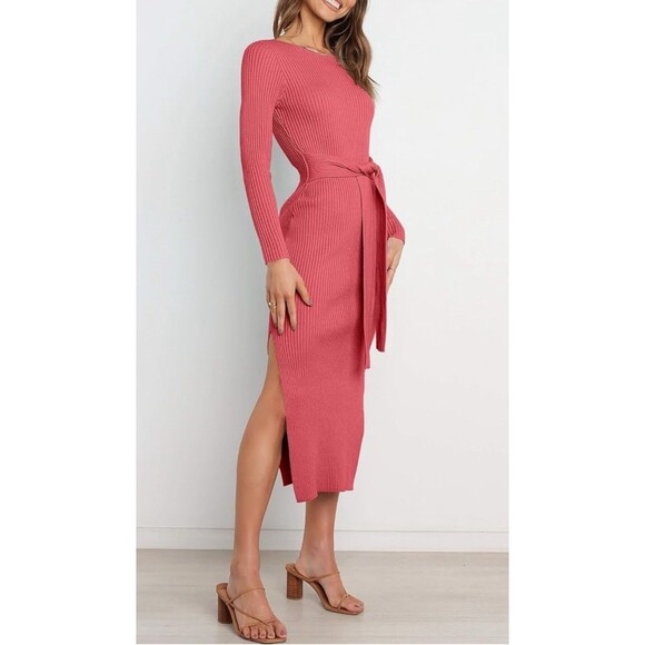 ANRABESS Womens Long Sleeve Sweater Dress Crew Neck Slim Fit Pink Size Medium - Picture 3 of 6